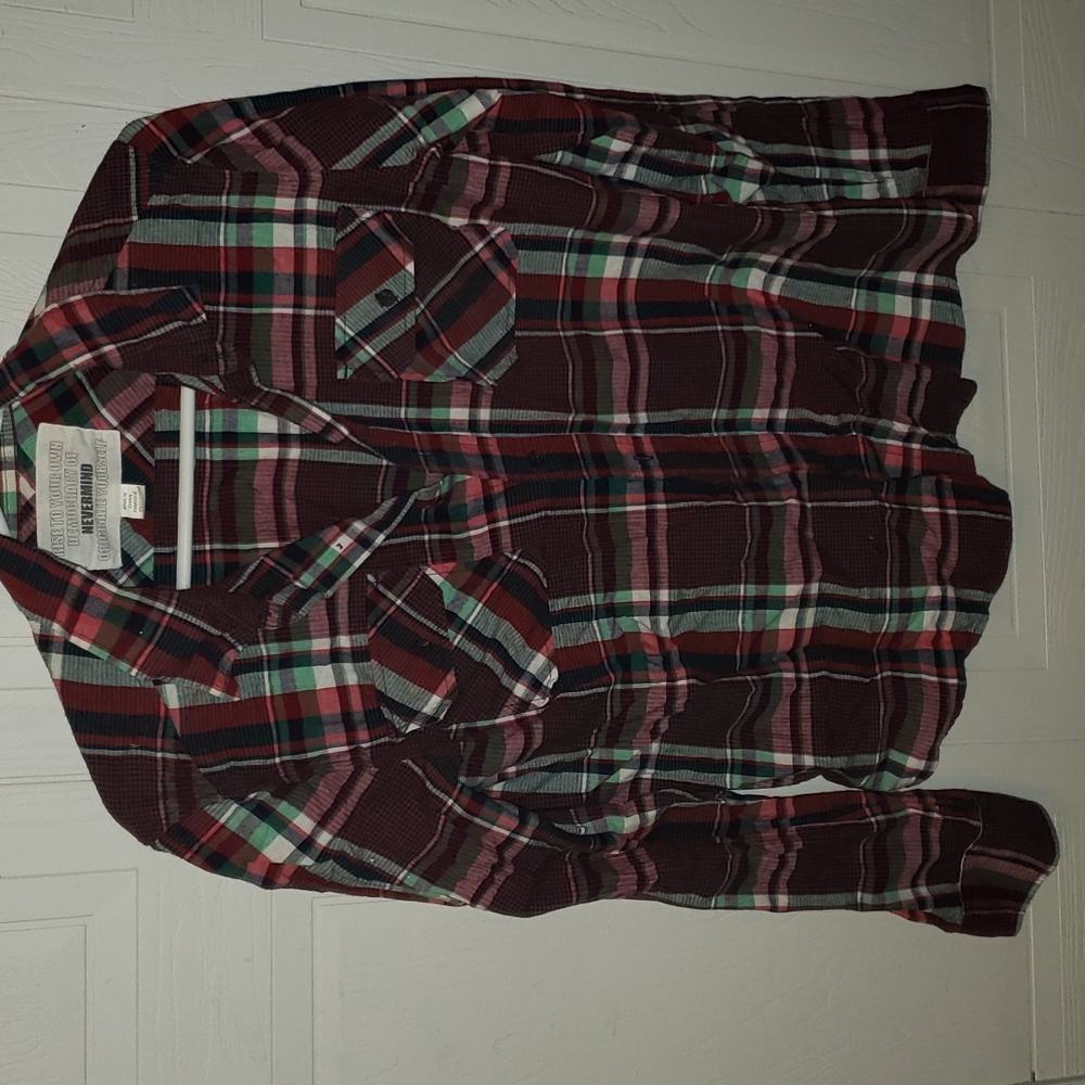 long sleeve shirt. Red green and white strip. size m. light material